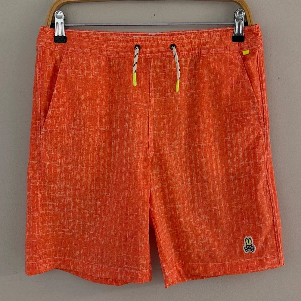 Psycho Bunny Youth Men Orange Crosshatch Swim Trunks Shorts Sz‎ 14/16 Drawstring